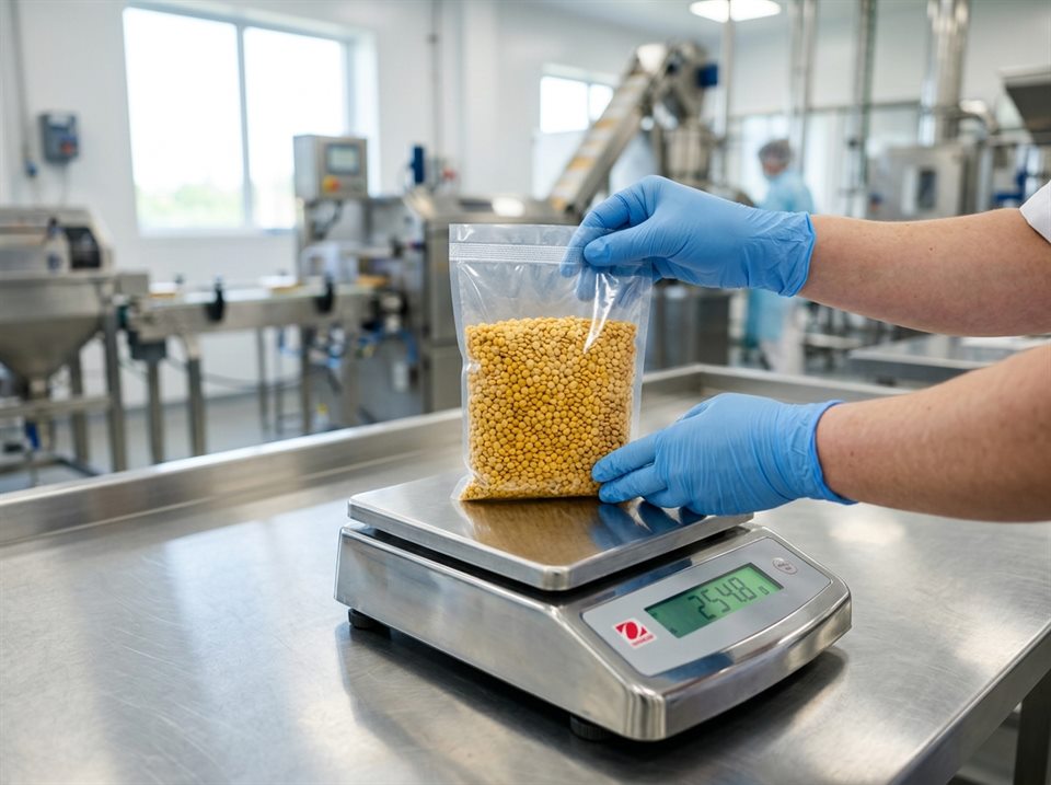 فحص وزن عبوة حبوب غذائية محكمة الإغلاق على ميزان رقمي من الستانلس ستيل